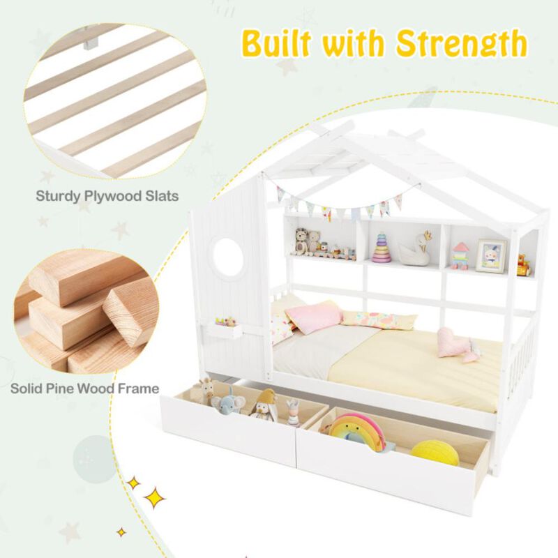 Hivvago Twin Size House Bed with 2 Storage Drawers and Fence Guardrails