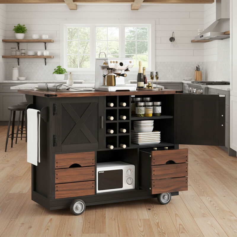 Whisen 54" Farmhouse Kitchen Island with 2 Drawers, Power Outlet & Adjustable Shelves, MDF for Kitchen & Dining image number 2