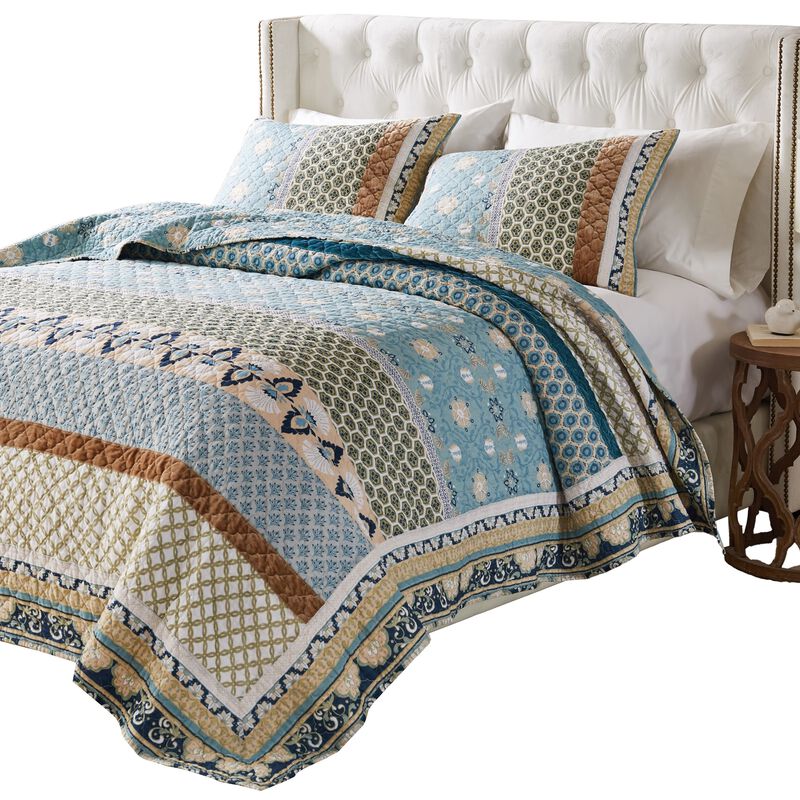 Ello 3pc King Size Quilt and Pillow Sham Set, Bohemian Print, Multicolor - Benzara