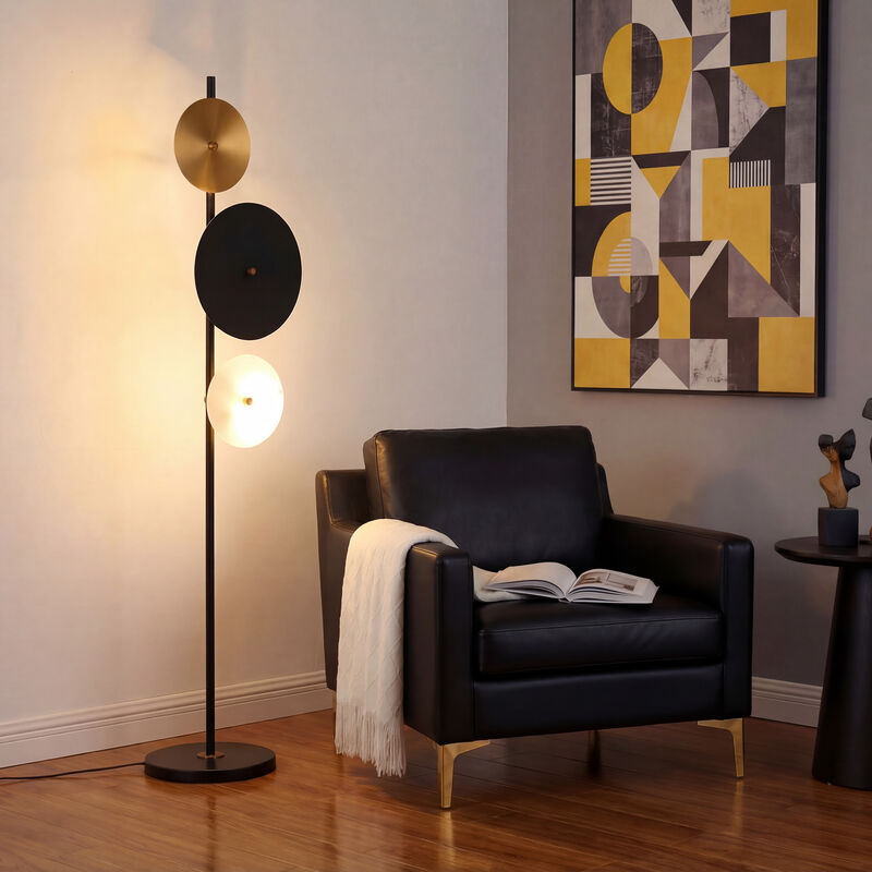 62.72 in. Mid-Century Modern 3-Light Black and Brass Floor Lamp image number 7