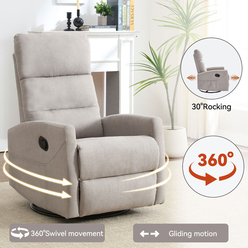 Manual Recliner Chair with Rocker and Swivel in Fabric, Upholstered Accent Chair for Living Room