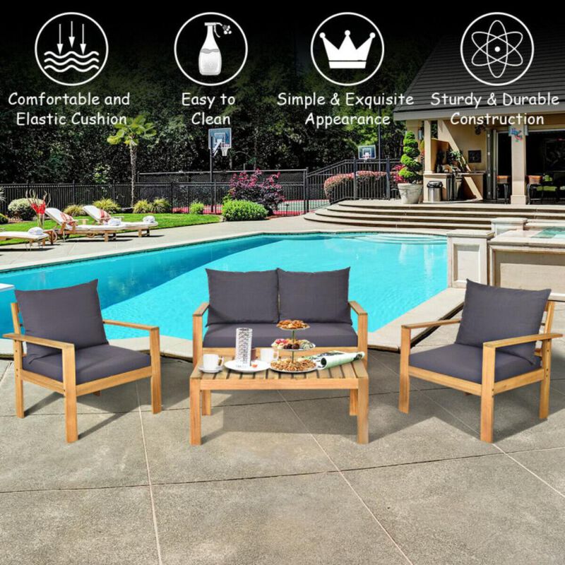 Hivvago Outdoor 4 Pieces Acacia Wood Chat Set with Water Resistant Cushions