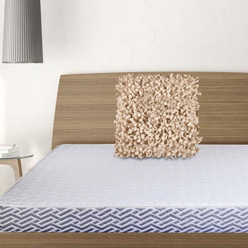 Fabric Accent Pillow with Shaggy Details, Cream - Benzara