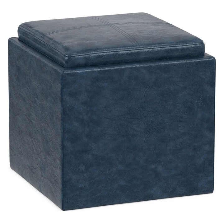 Rockwood 17 inch Wide Contemporary Square Cube Storage Ottoman with Tray in Denim Blue Vegan Faux Leather, Assembled
