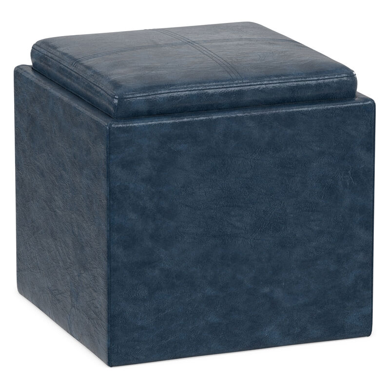 Rockwood 17 inch Wide Contemporary Square Cube Storage Ottoman with Tray in Denim Blue Vegan Faux Leather, Assembled image number 0
