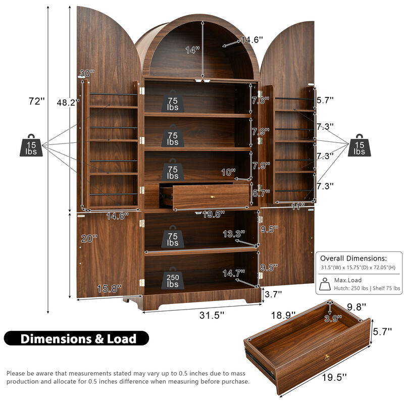 Merax Arched Fluted Cabinet with 8 Door Shelves & Hidden Drawer &ndash; 3 Adjustable Shelves image number 8