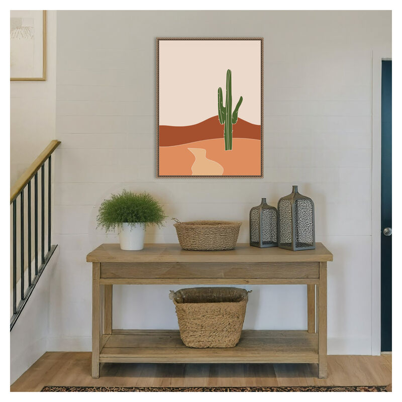 Cactus Against Earthy Brown And Beige Tones by Little Dean Framed Canvas Wall Art