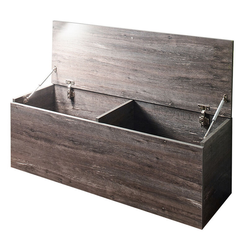 Lean Storage Bench Chest with Safety Hinges, Lift Top, Farmhouse Gray Wood - Benzara