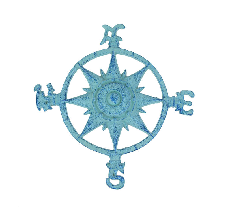Weathered Blue Cast Iron Compass Rose Wall Hanging