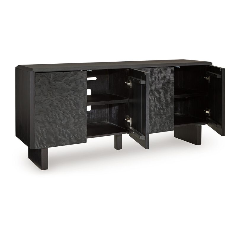 Arrel Sideboard Console, Beveled, 4 Doors, Black Solid Wood 65 Inch