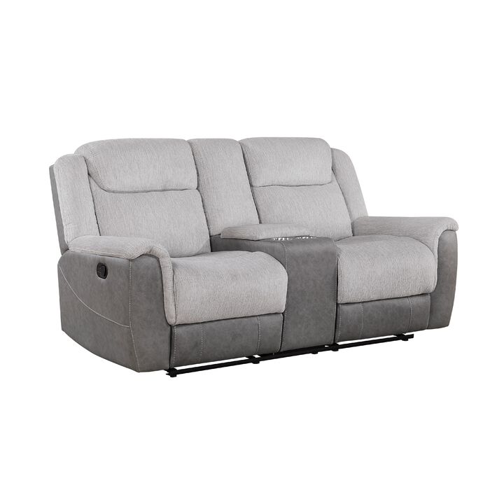 Feo Manual Reclining Loveseat w Console, White Gray Microfiber 76 Inch - Benzara