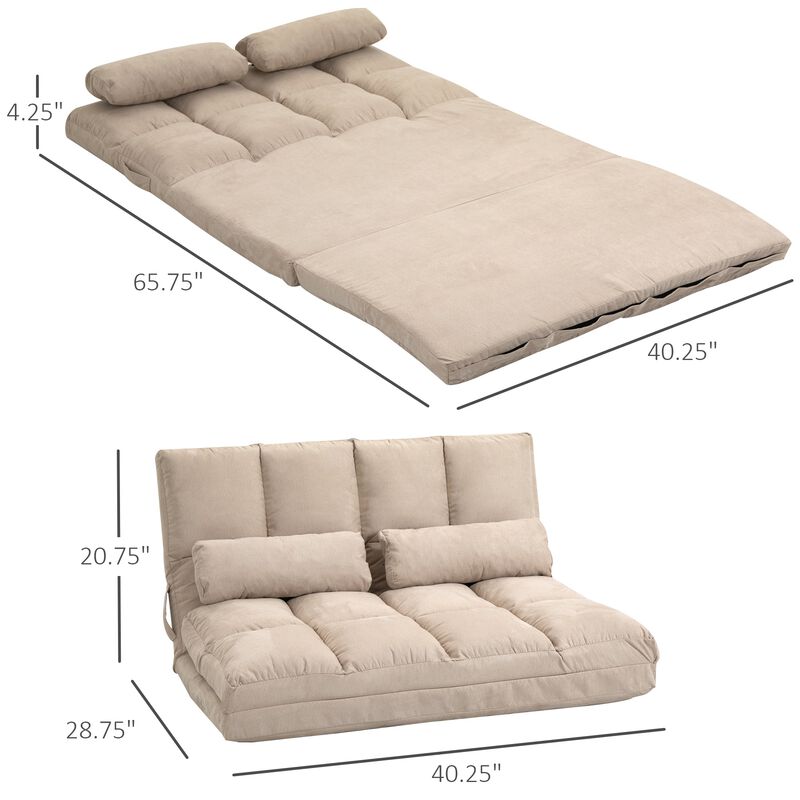 Convertible Floor Sofa Bed, Folding Sofa Bed Upholstered Couch Bed, Adjustable Guest Chaise Lounge with Metal Frame and 2 Pillows, Beige