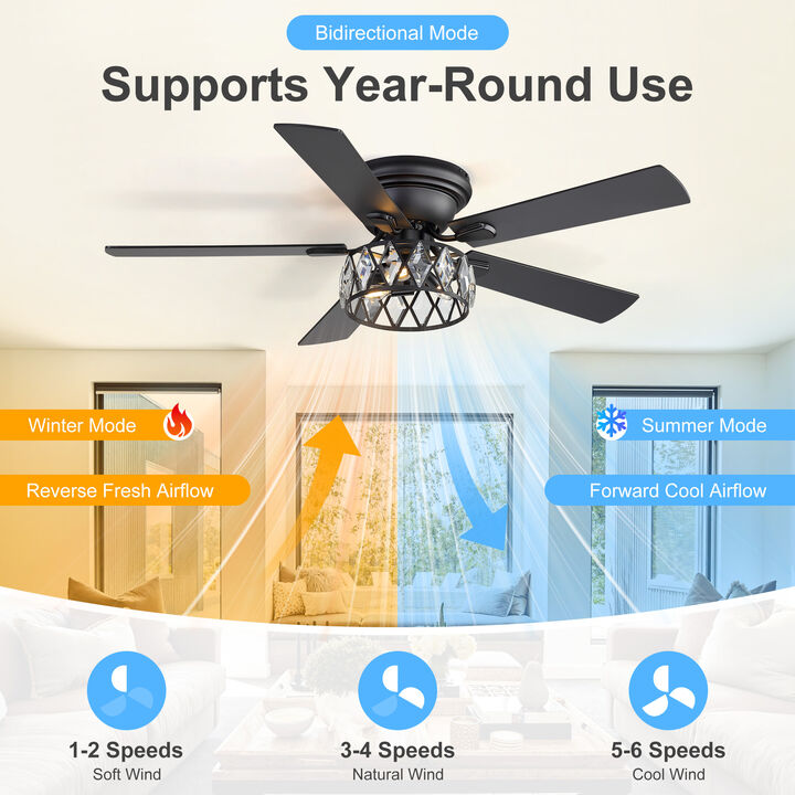 Breezary 52" Flush Mount Ceiling Fan with Light, 5 Plywood Blades, E12 3 Light, 6 Speeds, Remote