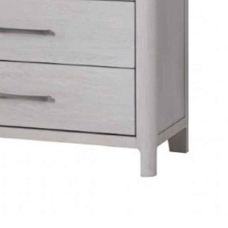 Reham Tall Dresser Chest, 5 Drawers, Pewter Handles, White Wash Brown - Benzara
