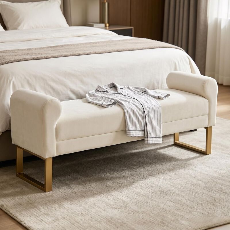 Envelor 65 in. Chenille Upholstered Ottoman Bench with Arms and Gold Legs image number 2