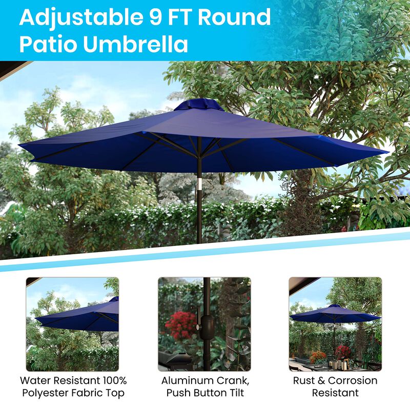 Flash Furniture Lark 3 Piece Outdoor Patio Table Set - Natural Faux Teak Dining Table - 30" x 48" Synthetic Teak Patio Table with Navy Umbrella and Base