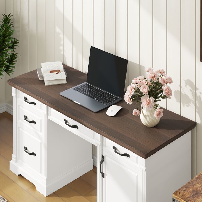FUFU&GAGA Modern Office Desk with Five Drawers & Cabinet, White Frame & Deep Brown Wood Grain Top, Black Metal Handles, (59"W x 19.6"D x 29.9"H), White