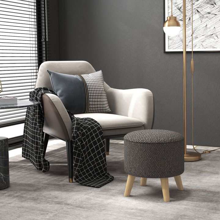 Round Ottoman Stool with Storage, Linen Fabric Upholstered Foot Stool with Padded Seat, Hidden Space and Wood Legs