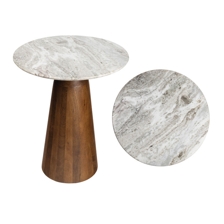 Kaito 18" Rustic Minimalist Round Marble/Wood Accent Table