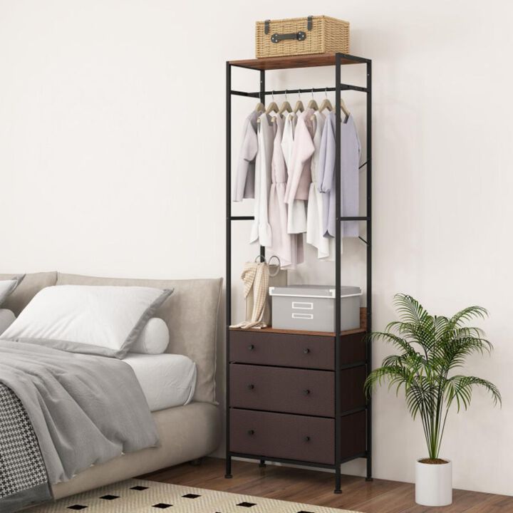 Hivvago Freestanding Closet Organizer with 3-position Hanging Rod and Storage Shelves-Brown