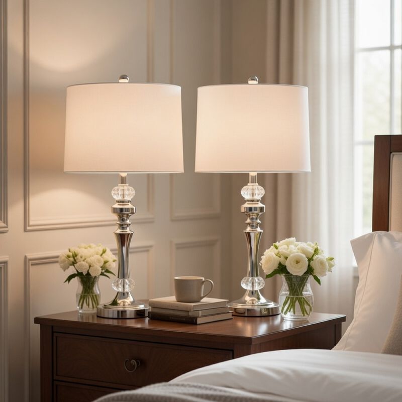 Set of 2 Table Lamps, Crystal Accent Candlestick Body, White Shade image number 1