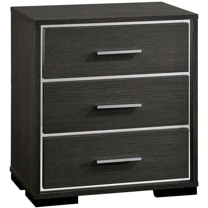 1x Nightstand Solid wood Warm Gray Sleek Modern Lines Chrome Trim Insert Contemporary Bedroom Furniture