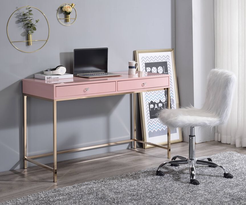 ACME Ottey Writing Desk, Pink High Gloss & Gold Finish