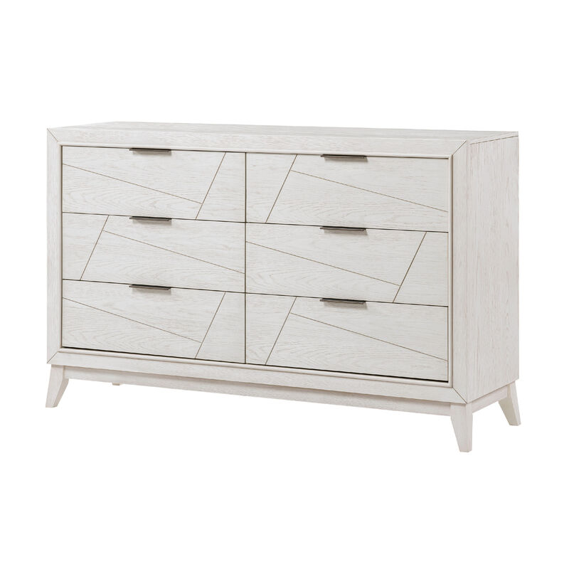 Zine 62 Inch Dresser, 6 Drawers, Antique White Wood, Black Handles - Benzara