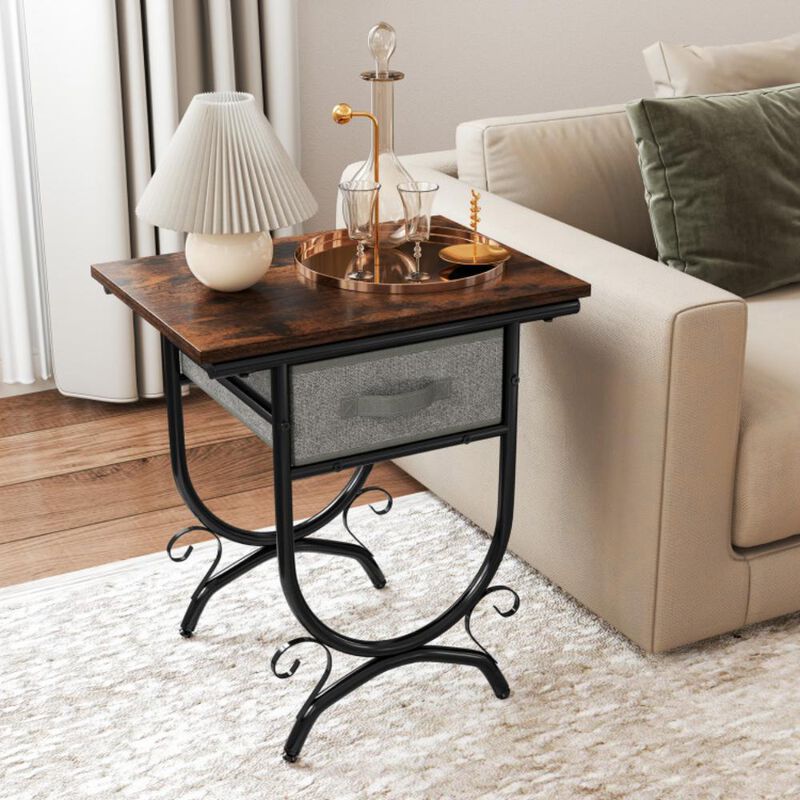 Hivvago Side Table with Fabric Drawer and Carved Metal Frame for Living Room