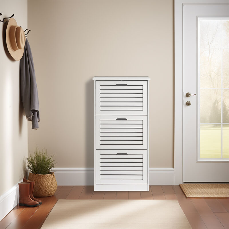 Louvered Shoe Cabinet with 3 Flip Drawers, Narrow Shoe Storage Organizer