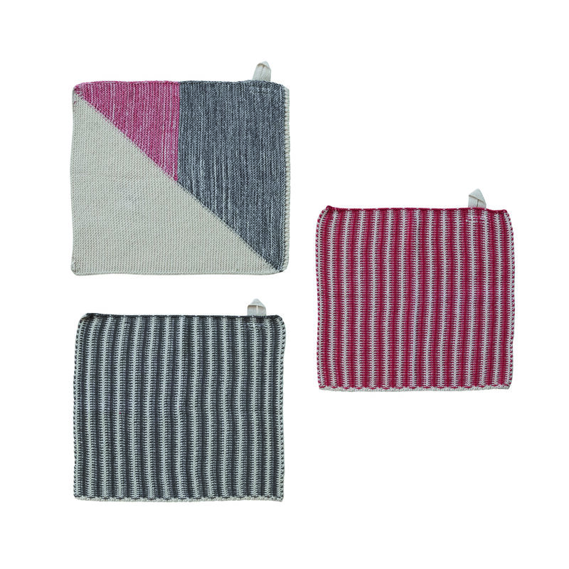 3-Piece Cotton Knit Dish Cloths with Pattern, Red, White and Grey image number 0