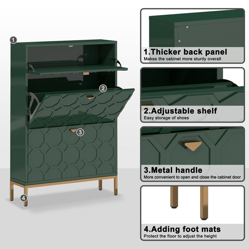 MONDAWE Modern 3-Drawer MDF Shoe Cabinet With Golden Handle (24-Pair)