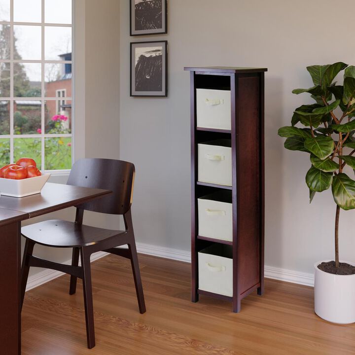 Winsome Wood Verona 4-Section N Storage Shelf with 4 Foldable Beige Color Fabric Baskets