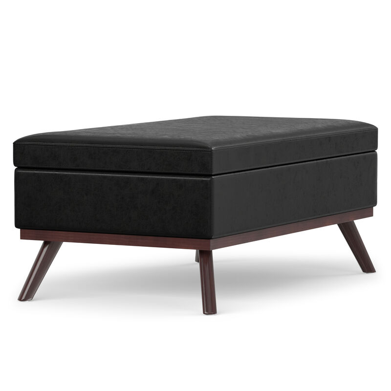 Owen 42 inch Wide Mid Century Modern Rectangle Lift Top Large Coffee Table Storage Ottoman in Distressed Black Vegan Faux Leather, Assembled image number 3