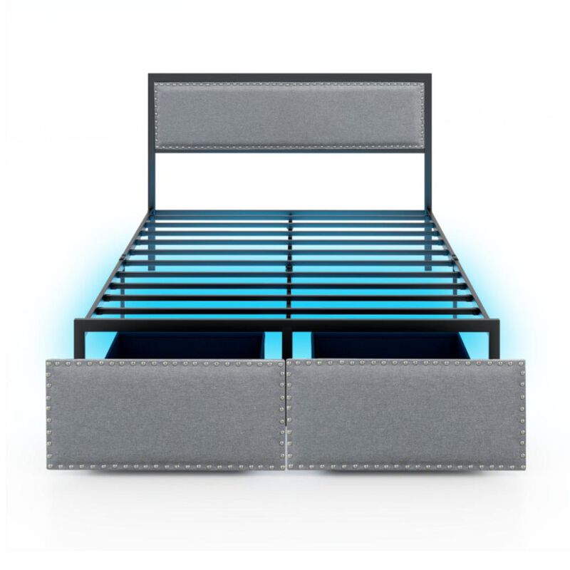 Hivvago Bed Frame with LED Lights Drawer and Metal Slats