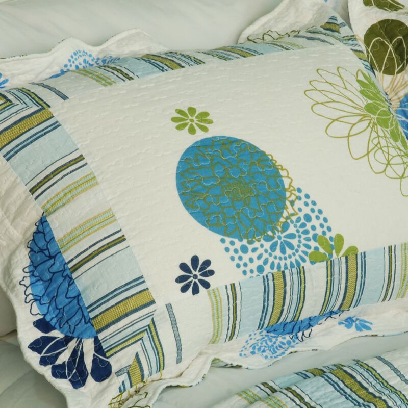 Lightweight Cotton 3PC Vermicelli-Quilted Printed Quilt Set Queen Size Blue Bedspread image number 2