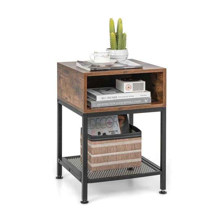 Industrial Nightstand End Side Table with Mesh Shelf