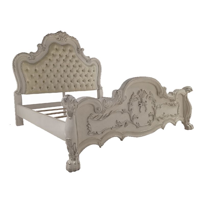 Ally King Bed, Classical White Faux Leather Victorian Carved Wood - Benzara