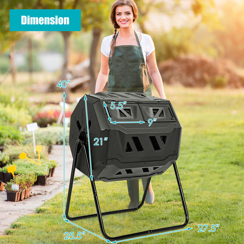43 Gallon Rotating Compost Bin Barrel with Dual Chamber and Sliding Doors