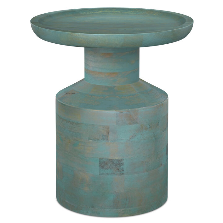 Haynes 16 inch Wide Solid Mango Boho Accent Table in Teal Wash, Assembled