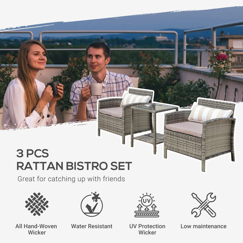 3pc Patio Bistro Set Rattan Wicker Furniture, 2 Armchairs, Table, Shelf, Cream