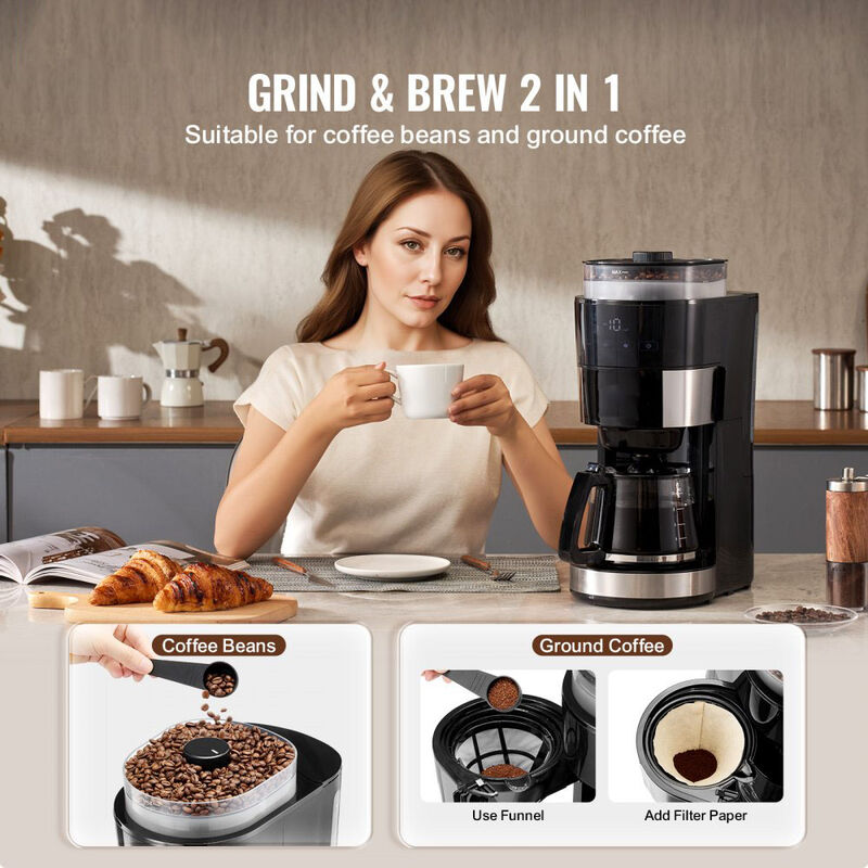 Coffee Maker with Built-In Grinder, 10 Cup Brew Machine with Adjustable Strength Settings-Black image number 4