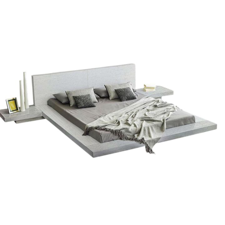 Hivvago King Modern Platform Bed with Headboard and 2 Nightstand in Ash White