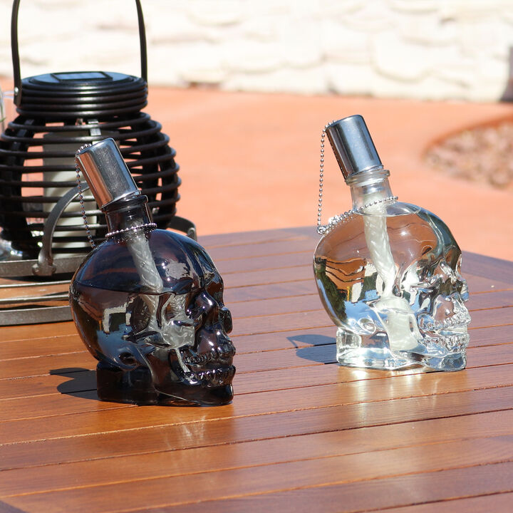 Sunnydaze Set of 2 Glass/Metal Grinning Skull Tabletop Torch - Black/Clear