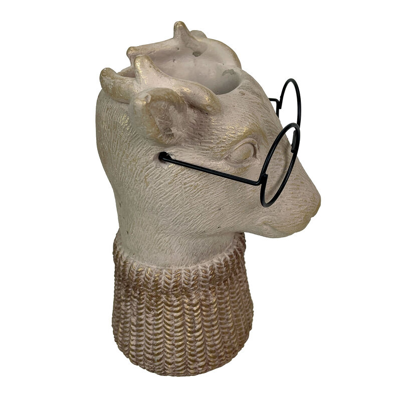 Bespectacled Deer Cement Vase 8.7" Gold Accents Knit Scarf Real Wire Glasses image number 4