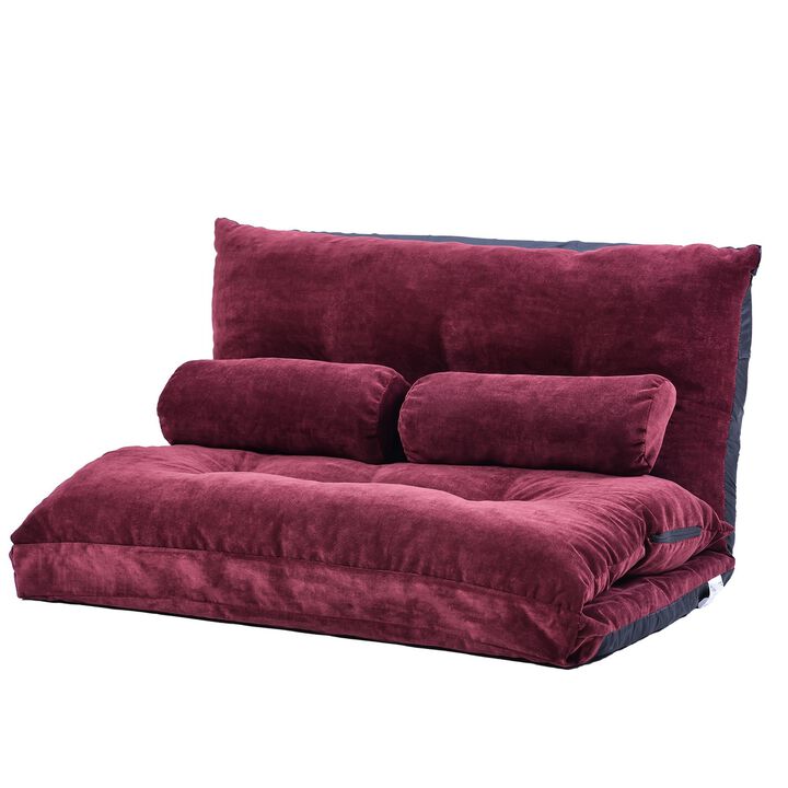 Ross 43 Inch Adjustable Futon Sofa, Folding, 2 Pillows, Reclining, Burgundy - Benzara