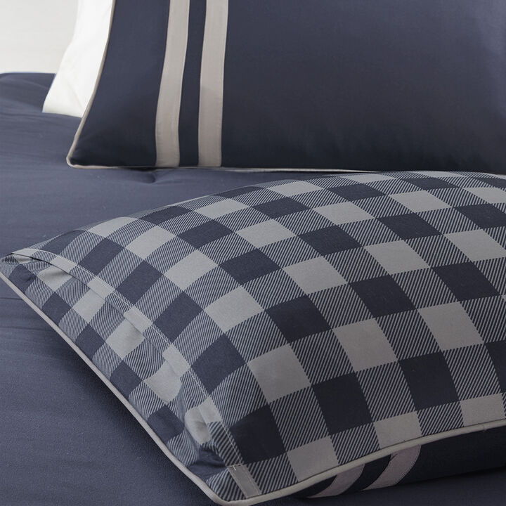 Gracie Mills Jacobs Navy Reversible Comforter Set with Buffalo Check Pattern