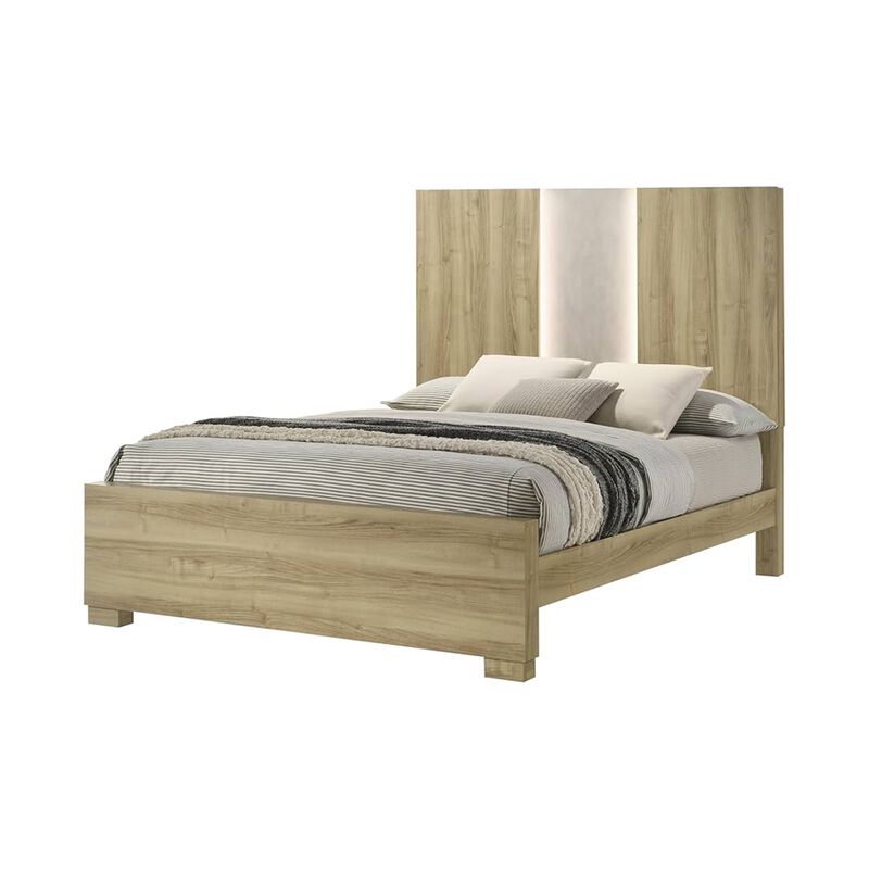 Amey Queen Size Bed with Built In Light, White Trim, Brown Driftwood