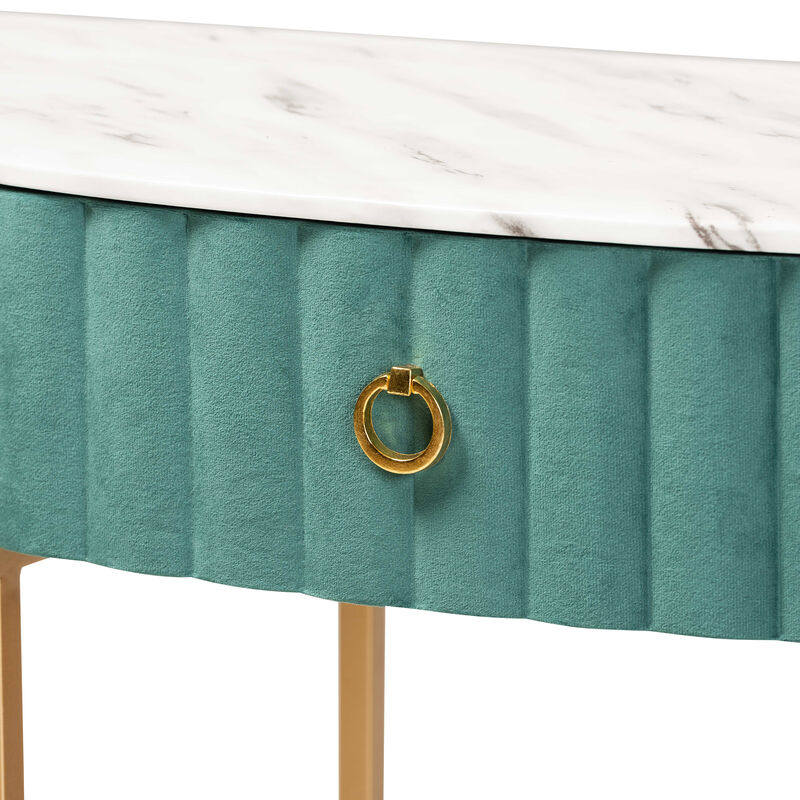 Baxton Studio Beale Green Velvet Upholstered 1 Drawer Console Table With Faux Marble Tabletop