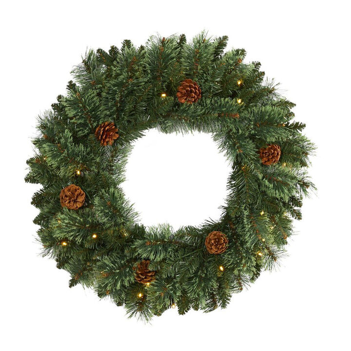 Nearly Natural 24-in White Mountain Pine Artificial Christmas Wreath with 35 LED Lights and Pinecones